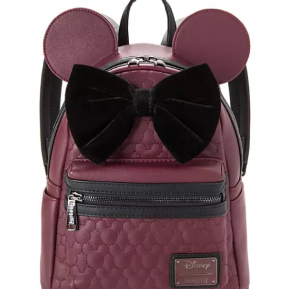 LOUNGEFLY Disney Minnie Mouse Quilted Velvet Bow Mini Backpack - Picture 3 of 16